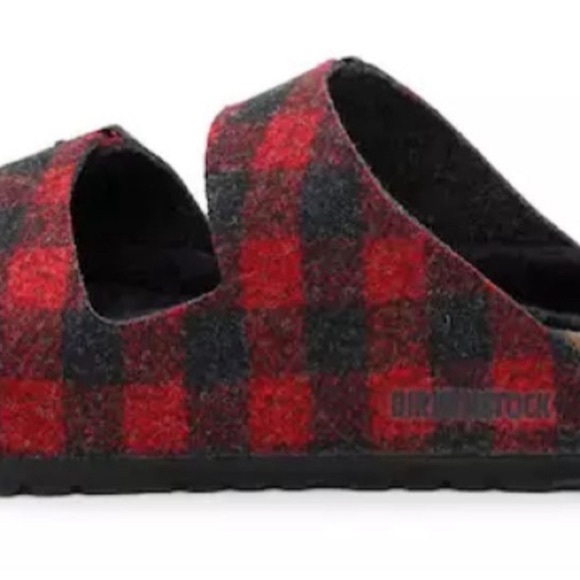 BIRKENSTOCK Arizona Rivet Shearling Wool Felt plaid red sandal. Size: 7, 38 - Picture 8 of 13